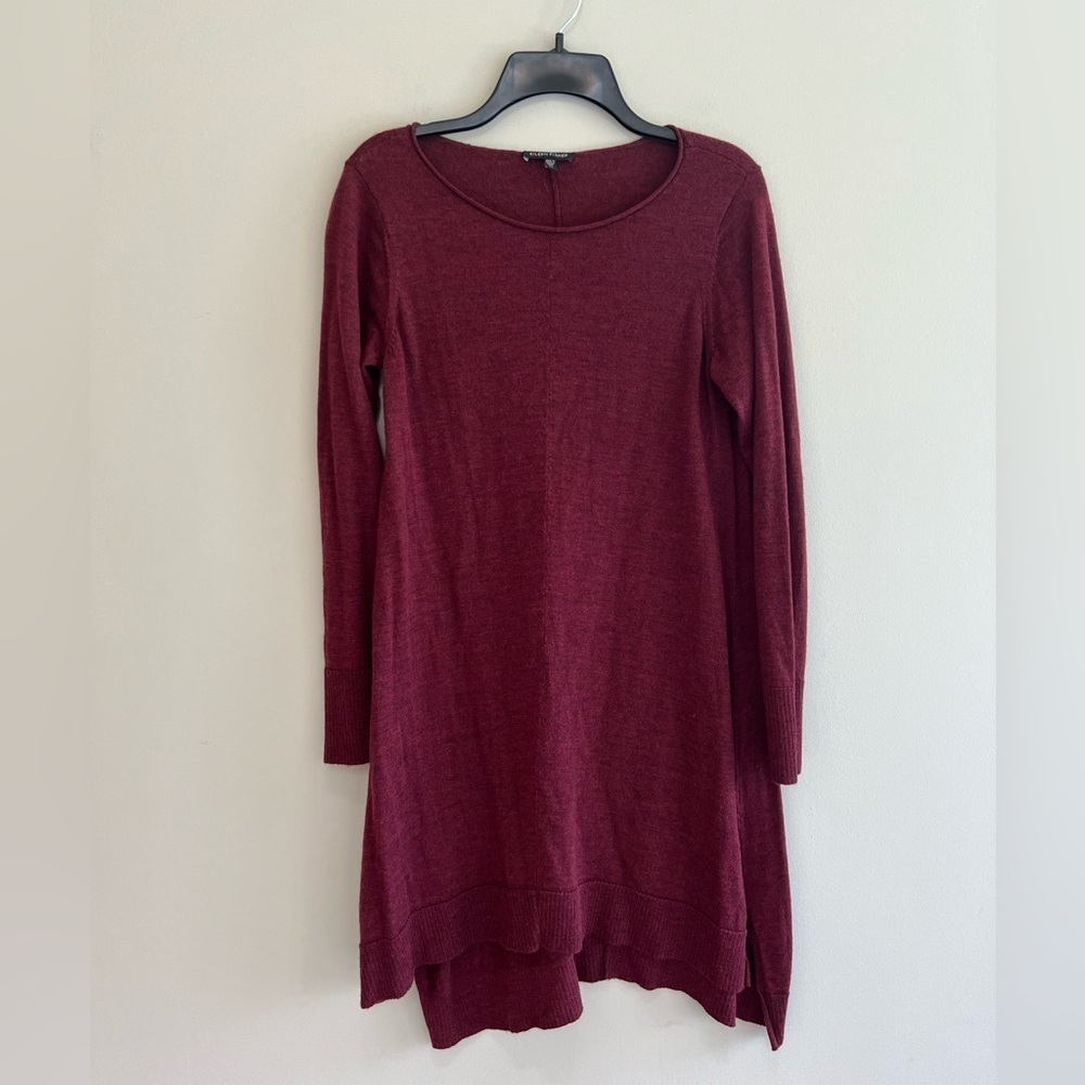 Eileen Fisher Merino Wool Jersey Scoop Neck Long Sleeve Sweater Dress Red, XS
